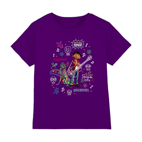 Image of Coco Boys Miguel and Dante with Movie Quotes Colorful Doodles Unisex Kids T-Shirt, Purple, 3-4 Years UK
