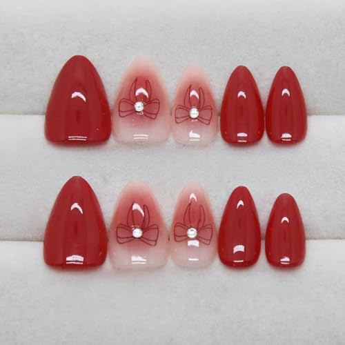 Image of Red Press on Nails Bow Fake Nails Short Almond False Nails with Design Glossy Glue on Nails Reusable Artificial Acrylic Nail Full Cover Ombre Stick on Nails for Women Girls Nail Decoration 24Pcs