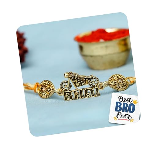 eCraftIndia Bike with Bhai Word Designer Rakhi, Best Bro Ever Fridge Magnet and Roli Chawal Pack - Rakhi for Brother, Bhaiya, Bhai