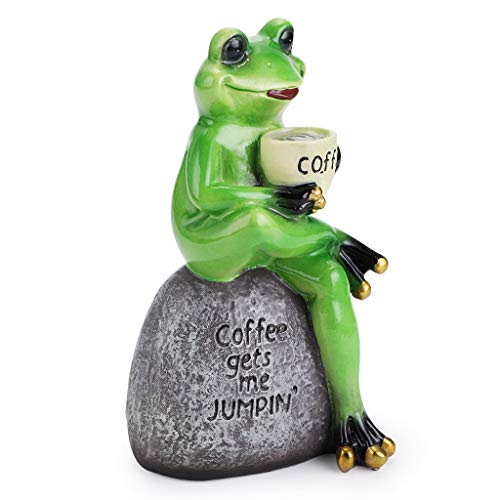 Juxyes Creative Craft Resin Frog Figurine Decor, Frog Sitting On Stone Statue Drinking Coffee Sculpture Statue, Personalized Collectible Figurines Mascot Frog For Indoor Outdoor Garden Decoration #TOP3