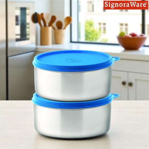 Image of Signoraware Executive Stainless Steel Big Container | Airtight & Leakproof | Lightweight & Easy to Carry | Ideal for Office Lunch, Kitchen Use & Travel (500mlx2 | Set of 2 | Blue)