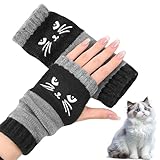 Cat Embroidery Splicing Knitted Gloves,Knitted Embroidery Cute,Warm Gloves Fashion Leaky Finger Casual Women's Glove,Vintage Trendy (Black)