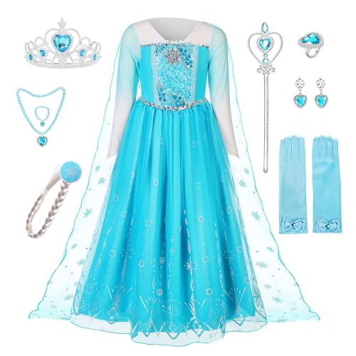 Pollen Elsa Mädchen Prinzessin Kostüm, Prinzessin Kleid Elsa Kinder Kleid 8-teiliges Set mit Krone Diadem Handschuhe Zauberstab usw für Hochzeit...