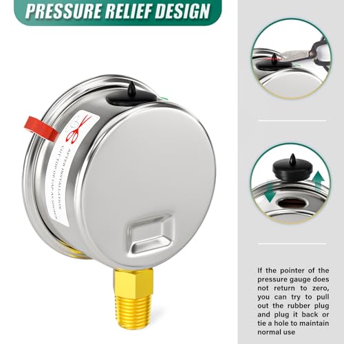 Image of 0-300psi Stainless Steel 1 /4 inch NPT 2.5 inch Dial, Glycerin Liquid Filled Pressure Gauge Lower Mount Designed for Pressure Testing of Water, Oil and Air (with Range Mark Pointer)
