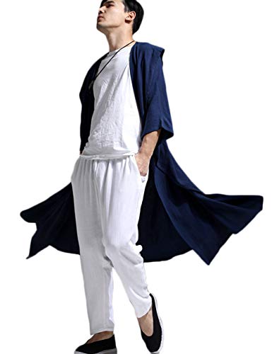Mens Linen Cotton Draped Cardigans Half Sleeve Hooded Long Shawl Ruffle Trench Coat4