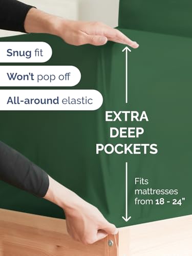 Image of Extra Deep Cal King Fitted Sheet - Single Fitted Sheet Only - Emerald Green | Easily Fits 18 inch to 24 inch Mattress, Soft, Wrinkle Free, Breathable & Comfy, Extra Deep Pockets Hotel Luxury Fitted Sheet