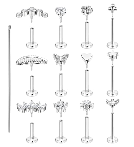 YOVORO 12Pcs 16G Flat Back Stud Earrings for Women Hypoallergenic Surgical Steel Internal Thread Stud Piercing Jewelry for Tragus Helix Conch Cartilage 18k Silver Plated Nose Lip Labret Medusa Piercing Silver