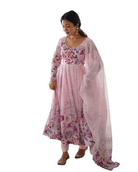 Image of KD Women's Floral Printed Georgette Anarkali Kurta Set With Dupatta, Traditional Salwar Suit, Long Sleeve Ethnic Dress