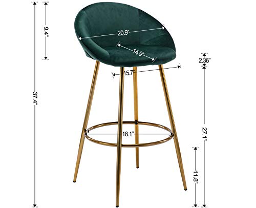 Zhenghao Velvet Bar Stools Set Of 2, Counter Height Bar Chairs With Gold Legs Upholstered Round Low Back Dining Chairs, 30 Inch Modern Barstools For Kitchen Island Pub Cafe, Emerald Green #TOP3