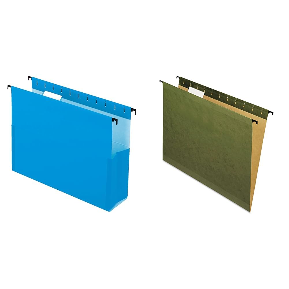 pendaflex surehook reinforced hanging box file, 3", letter, blue, 1/5 cut, 25/bx (59203) & surehook reinforced hanging folders, letter size, standard green, 20 per box (8-1/2 x 11)