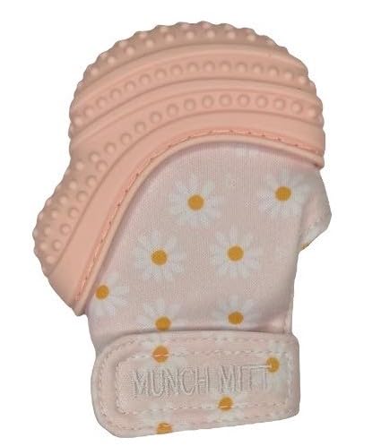 Image of Malarkey Kids Baby Teething Mitten, Munch Mitt Baby Chew Toy - Protects Hands from Chewing & Saliva, Heals Aching Gums, Promotes Sound & Visual Stimulation for Babies Up to 1-Year-Old (Pink Daisies)