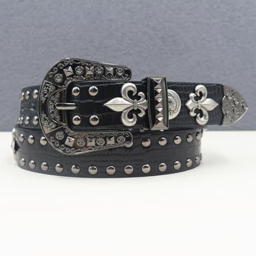 Studded Embossed Leather Belt for Women Men,Gothic Punk Western Strap with Skull Head Rivets & Crocodile Pattern3