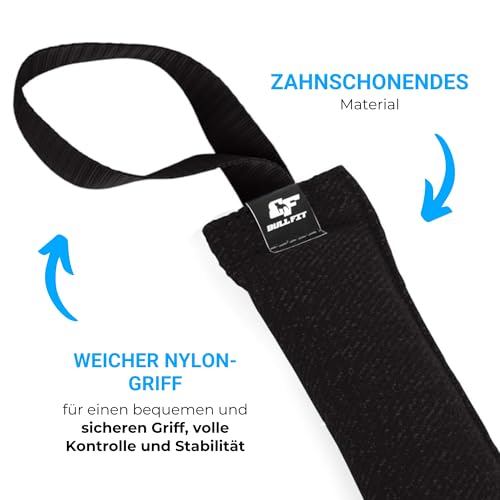 Bull Fit Beisswurst für Hunde, 30 cm, mit Zwei Schlaufen - Sehr Robustes Hundespielzeug zum Training, Tauziehen und Zerrspiele mit Hund - Aus hochwertigem Baumwolle-Nylon handgefertigt (Schwarz)