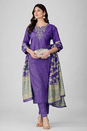 Sunehla Deal Women Roman Shimmer Kurti Set with Pants & Jacquard Dupatta – Embroidered Ethnic Festive Suit (Lavender, Medium) — view 4