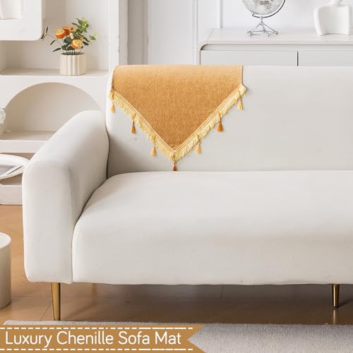 Image of HOKIPO 'Serenity Tassel' Chenille Sofa Back Cover with Tassels - 1 Pc Sunlit Amber (IN-894-GLD)