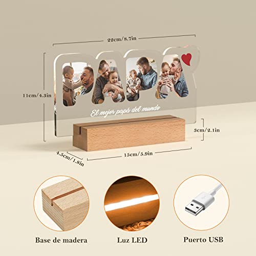 Miniatura 4 de Bemaystar Lámpara Papá Regalo Dia Del Padre - Ideas Para Regalar A Papa, Regalos Originales Para Padres, Marco De Fotos Led De 18 X 22, Luz Nocturna Usb, Base Luminosa De Madera Opcional