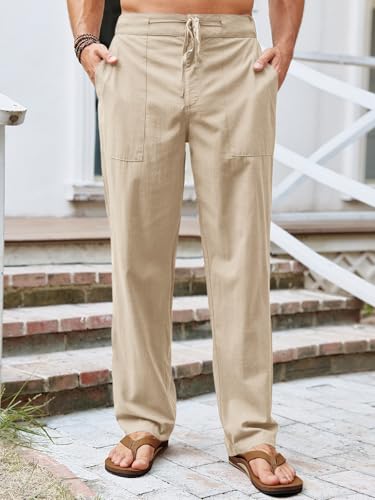 Runcati Mens Cotton Linen Pants Casual Elastic Waist Drawstring Lightweight Loose Fit Summer Beach Yoga Trousers2