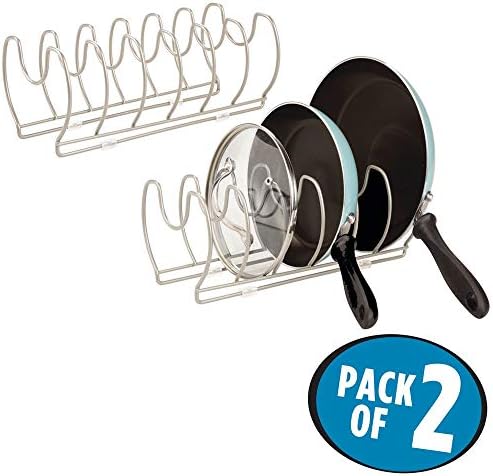mDesign Set of 2 Pot Lid and Pan Racks  Metal Wire Rack for Cookware Storage  Freestanding Pan Stand for Pans, Pots, Lids and Crockery  Matte Silver