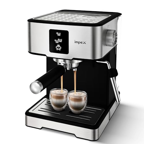 ماكينة تحضير قهوة اسبريسو من امبيكس، 1400 واط، 1.7 لتر، تسخين سريع لمدة 15 ثانية، 3 برامج مضبوطة مسبقا، مضخة ضغط 20 بار للاسبريسو والكابتشينو واللاتيه وايقاف تلقائي، ضمان لمدة عامين - IECM 2002