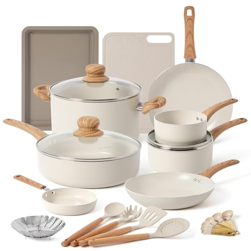 ONGIFT 23 Pcs Pots and Pans Set Nonstick, Kitchen Cookware Sets, with Frying Pan, Saucepan, Saute Pan, Lightweight Cooking Set with Stay-Cool Wood Print Handles, NO PFAS and PFOA, Light Wood