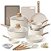 ONGIFT 23 Pcs Pots and Pans Set Nonstick, Kitchen Cookware Sets, with Frying Pan, Saucepan, Saute Pan, Lightweight Cooking Set with Stay-Cool Wood Print Handles, NO PFAS and PFOA, Light Wood