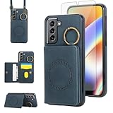 Compatible with Samsung Galaxy S21 5G 6.2 inch Wallet Case and Screen Protector Crossbody Shoulder Strap Ring Buckle Stand Card Holder Magnetic Car Mount Phone Cover for S 21 21S G5 Women Men Green