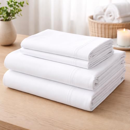 Image of Mattress-Homes Queen 600 Thread Count 100% Cotton Sateen Weave Sheet Set, White Solid, 4 Piece
