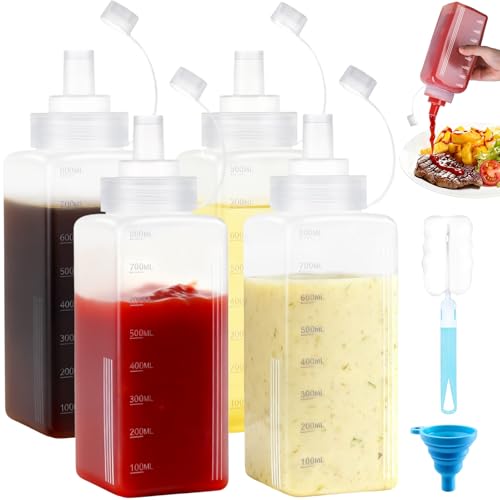 Amentalove 4PCS Sauce Bottle 800ml, Squeezy Bottles with Nozzles 27oz, Plastic Square Sauce Bottle with Scale, Brush, Funnel, Large Condiment Squeeze Bottles for Sauces Oil Mustard Ketchup Salad