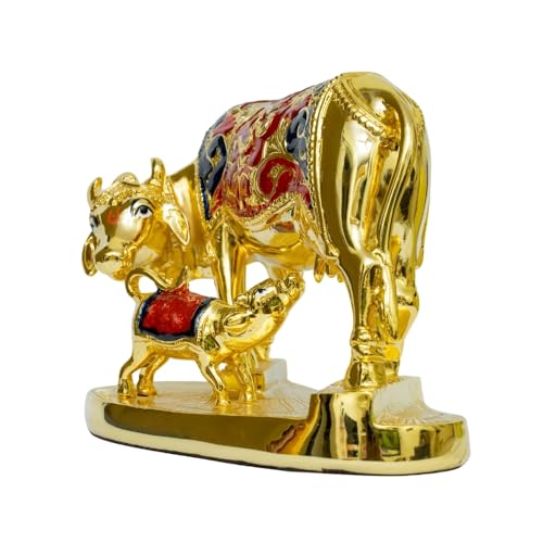 Image of Gold Meenakari Kamadhenu Cow with Calf Idol | Handcrafted Traditional Gold-Plated Holy Cow & Calf Statue | Vastu & Pooja Room Decor | Meenakari Gold Cow Idol | Size 21.5cm x 15cm x 11.5cm