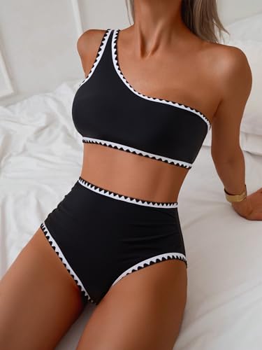 MOOSLOVER Women Bikini Sets One Shoulder High Waisted Swimsuit Whip Stitch 2 Piece Bathing Suits2