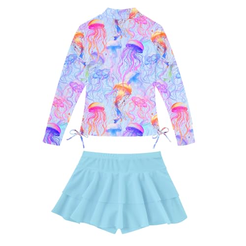 Image of Vogseek 3-12T Girls Rash Guard 2 Pieces Bathing Suit Long Sleeve Swimsuit Swimming Skirt with Shorts Swimwear