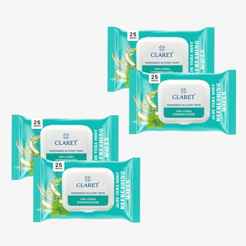 Image of Claret Refreshing Wet Wipes With Aloe Vera & Mint For Face & Body | 25 Pulls | 100% Ultra Purified Water | pH Balanced & Alcohol-Free (Pack of 4)