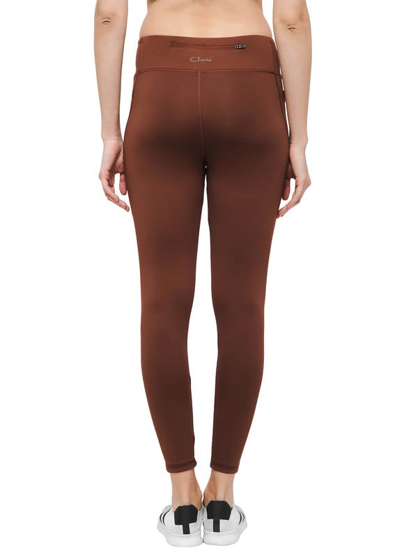 Image of Clovia Women's Snug-Fit High-Rise 4 Pocket Active Tights in Brown