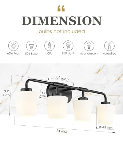 Image of 4-Light Black Bathroom Light Fixtures Over Mirror, White Glass | Vanity Lighting Fixtures with Milk White Glass, Vintage Farmhouse Wall Sconces Lighting, AD-22004-4W-BK