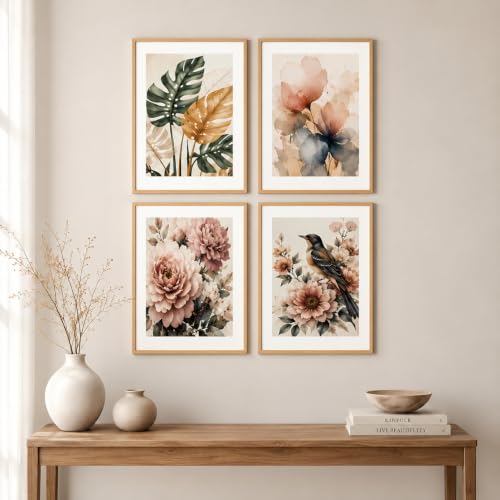 Image of Livin'luxe Set of 4 Botanical Floral Bird Wall Paintings with Sparkle Laminate and Premium Wooden Synthetic Frame for Living Room Bedroom Office Decor (13.5 x 19.5 Inch)