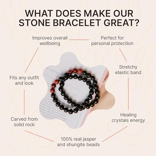 Karelian Heritage Shungite & Red Jasper Empath Crystal Healing Beaded Bracelet for Women and Men | 8 mm Handmade Unisex Authentic Shungite Stone Protection Jewelry BO393