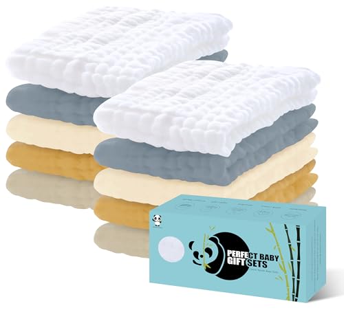 Image of HIPHOP PANDA 10 Pack 6-Layers Muslin Burp Cloths Large - Durable 100% Cotton - Extra Absorbent and Soft Boys & Girls Rags for Newborn Registry (Grey+White+Ivory+Honey+Brown, 20" X10")