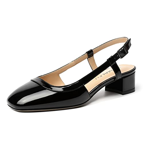 NUMALEO Womens Square Toe Ankle Strap Evening Buckle Patent Cute Chunky Low Heel Pumps Shoes 1.5 Inch