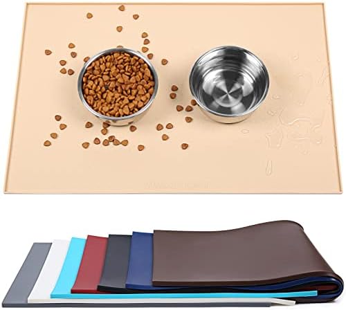 VIVAGLORY Large Dog Feeding Mat Food Grade Waterproof Non-Slip Silicone Pet Food Mat Cat Dog Food and Water Bowl Placemat Anti-Messy Design, Grey