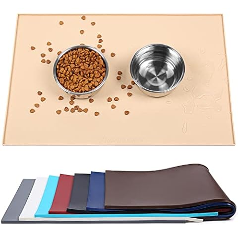 VIVAGLORY Futternapf Matte Hund groß 60L x 40W(cm), wasserdichte napfunterlage silikon mit erhöhtem Rand für Katzen Hunde, Beige Cover