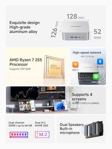 Image of MINISFORUM AI X1-255 Mini PC AMD Ryzen 7 255 (8C /16T, up to 4,9 GHz), 32 GB DDR5 RAM 512GB M.2 SSD,HDMI /DP /USB4 (4K@120 Hz), Dual Speaker /DMIC,USB-A X 3, 2.5G LAN, Wi-Fi 7 /BT5.4