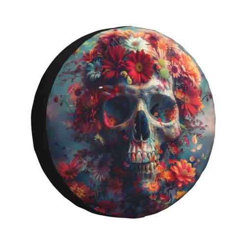 Image of Colourful Human Skull with Flowers Spare Tire Cover, Universal Wheel Tire Cover Funny Skull Skeleton Tire Protectors for Trailer RV SUV Truck Camper 14 Inch