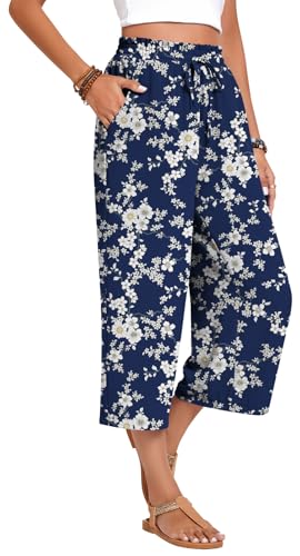 Image of Anyhold Women's Capri Pants Drawstring Casual Palazzo Trousers with Pockets Loose High Waisted Wide Leg Lounge Pants