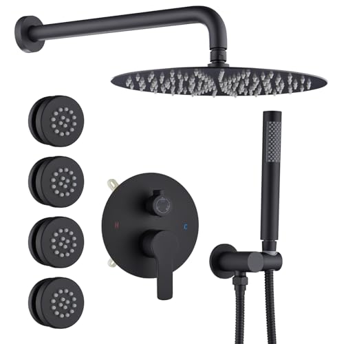 Iriber Mattle Black Round Rain Shower System with 4 PCS Body Jets 3 Function Shower Faucet Set Contain 12 Inch Shower Head and Handheld Wall Mounted Pressure Balance Shower Trim Kit (Valve Included)