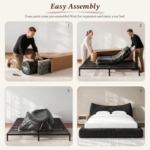 Image of Homkdom Cloud Bed Frame with Thick Headboard,Upholstered Soft Queen Bed Frame with Anti-Collision Soft Rounded Corners,Boucle Bed Frame Queen Size for Apartments, Guest Rooms,Black