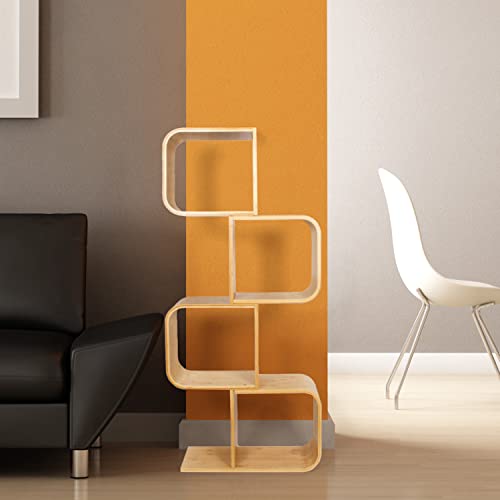 4-Tier Bamboo Geometric S-Shaped Bookshelf, Large Capacity Free-Standing Bedside Table Storage Cds, Dvds Display Rack Opening Style Standing Book Shelf For Home, Office, Living Room, Bedroom #TOP21