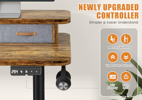 Flycity Electric Standing Desk with Dual Drawers, 48\" x 24\" Height Adjustable Desk Sit Stand Desk with Memory Controller, Casters & 2 Hooks, Low Noise Home Office Desk, Rustic Brown