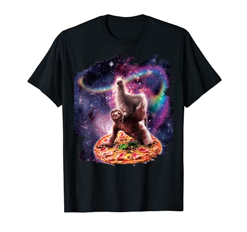 Rainbow Space Llama On Sloth Riding Pizza T-Shirt
