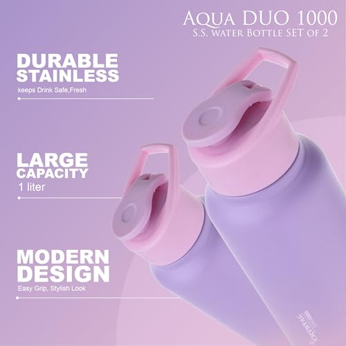 Image of Crystal Aqua 1000 Stainless Steel Water Bottle, Leakproof Lid, Single Walled, ISI Certified I For School, Office, Gym I Purple & Pink | Pack of 2