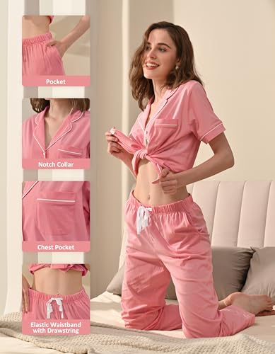 Image of NAP BOUND 100% Cotton Women's Pajama Sets Short Sleeve Button Down Soft Pjs 2 Piece Lounge Set with Pocket Nightwear XS-XXL